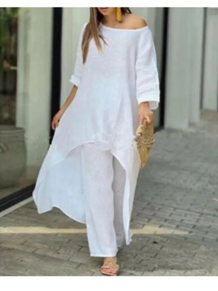 Conjuntos de calças compridas de linho de algodão feminino moda sólida casual irregular topos perna larga calça ternos senhora do escritório conjuntos de duas peças roupas