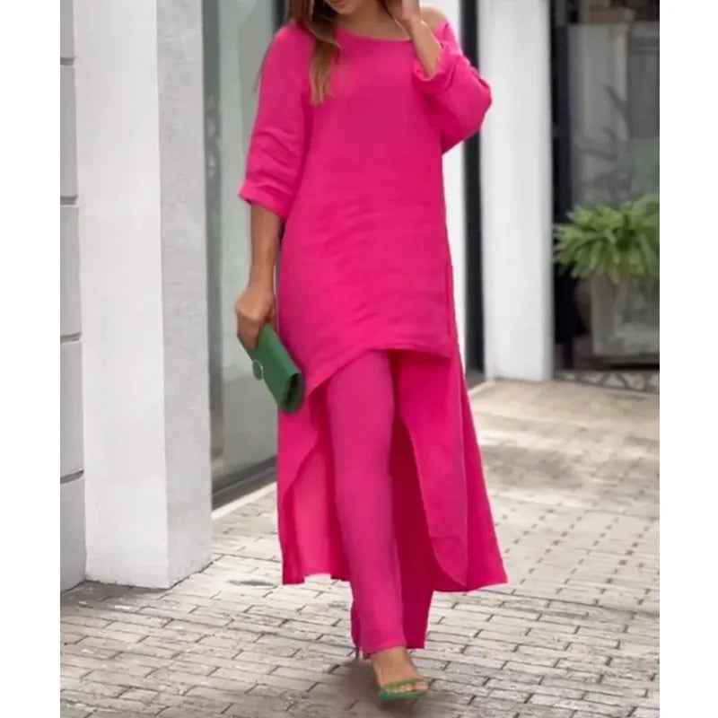 Conjuntos de calças compridas de linho de algodão feminino moda sólida casual irregular topos perna larga calça ternos senhora do escritório conjuntos de duas peças roupas