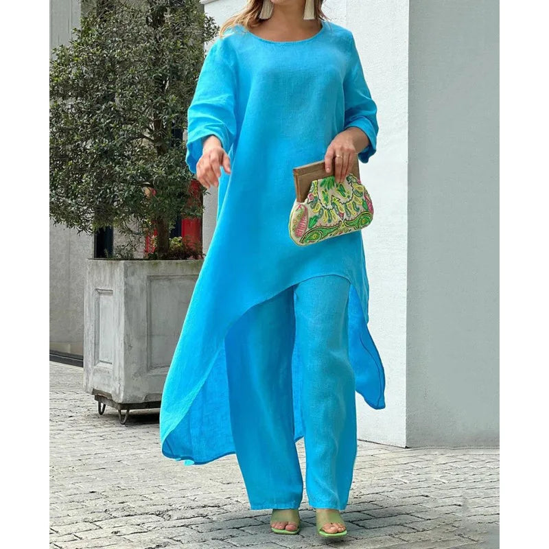 Conjuntos de calças compridas de linho de algodão feminino moda sólida casual irregular topos perna larga calça ternos senhora do escritório conjuntos de duas peças roupas