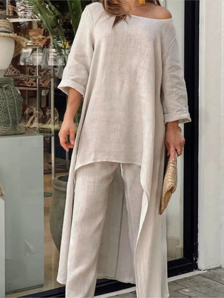 Conjuntos de calças compridas de linho de algodão feminino moda sólida casual irregular topos perna larga calça ternos senhora do escritório conjuntos de duas peças roupas