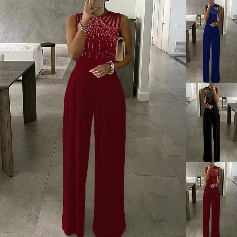 BYJ109 2022 New Arrival Casual Fashion Slim Fit Waist Solid Color Diamond Beaded Plus Size Jumpsuits Elegant Jumpsuit Women