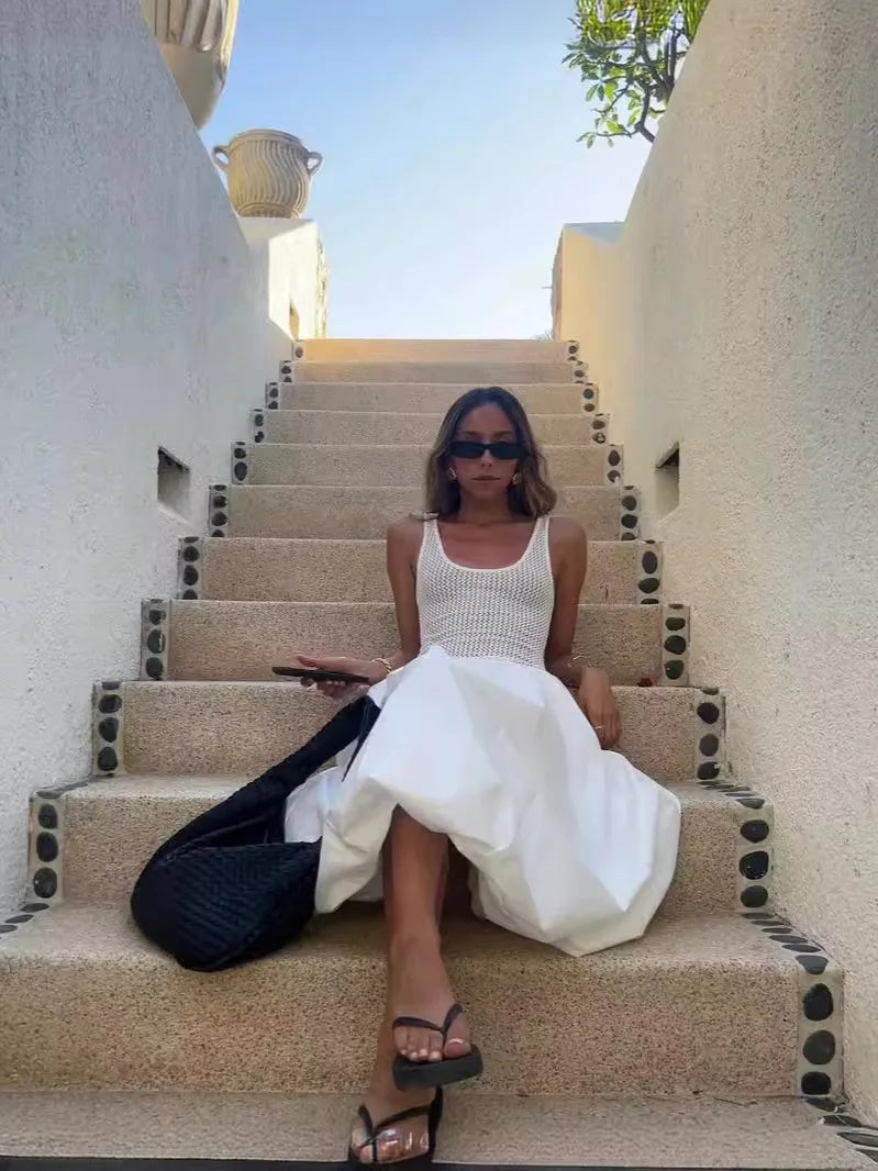 Beach White Chic Ladies Vestidos Women's Summer Simple Style Sleeveless Backless Suspenders Dress Holiday Knit Patchwork Dresses