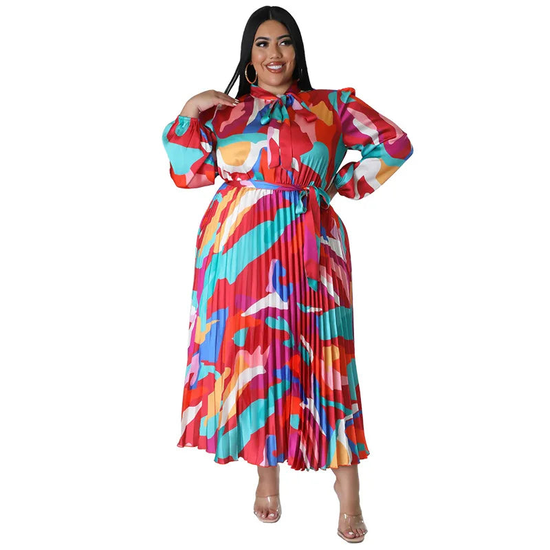 N7919 Women's Clothing Bestseller Long-sleeved Printed Pleated Plus-size Dress