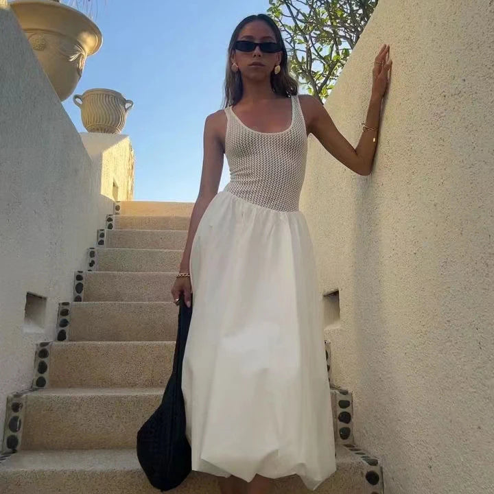 Beach White Chic Ladies Vestidos Women's Summer Simple Style Sleeveless Backless Suspenders Dress Holiday Knit Patchwork Dresses