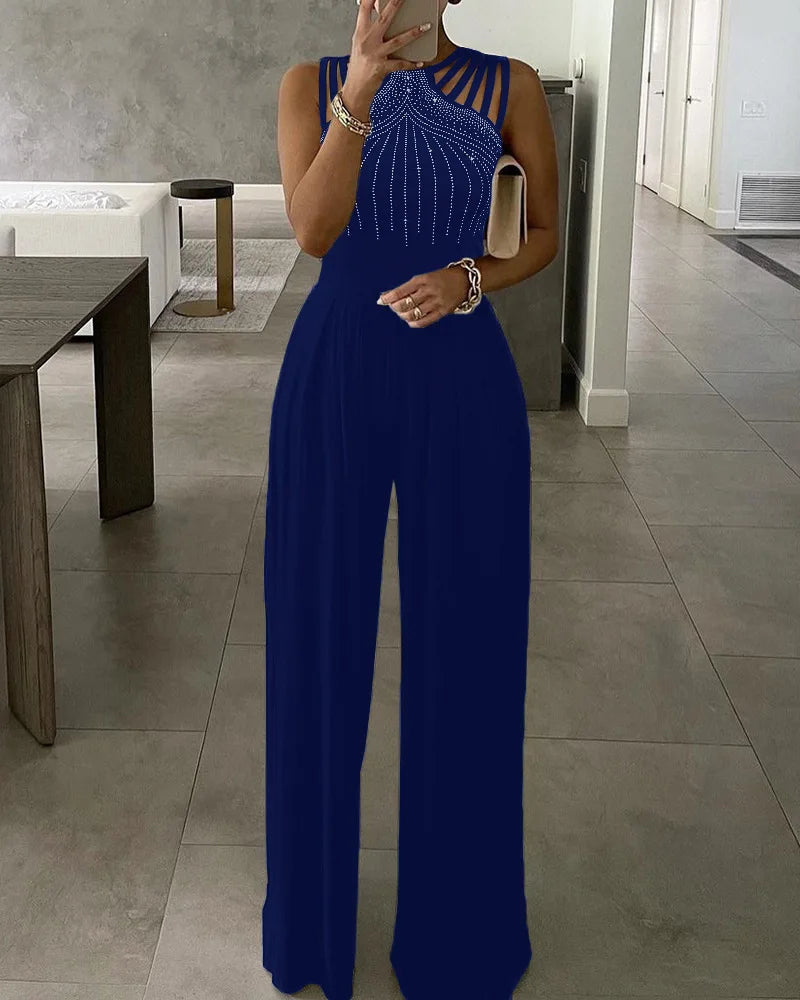 BYJ109 2022 New Arrival Casual Fashion Slim Fit Waist Solid Color Diamond Beaded Plus Size Jumpsuits Elegant Jumpsuit Women
