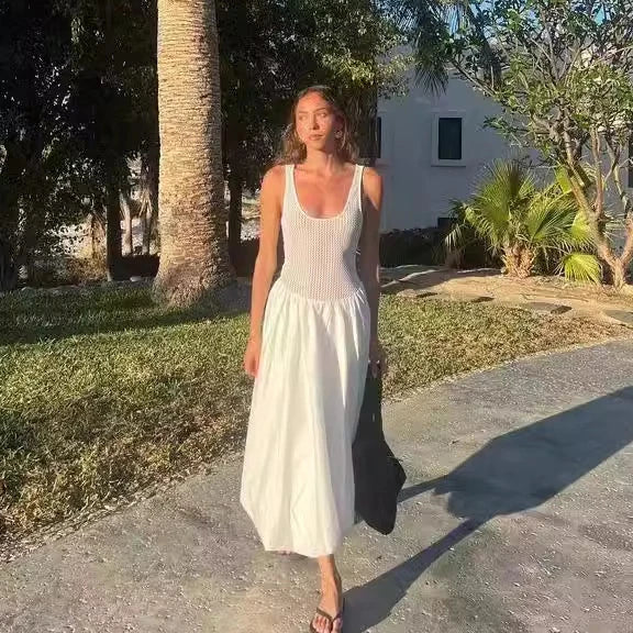 Beach White Chic Ladies Vestidos Women's Summer Simple Style Sleeveless Backless Suspenders Dress Holiday Knit Patchwork Dresses