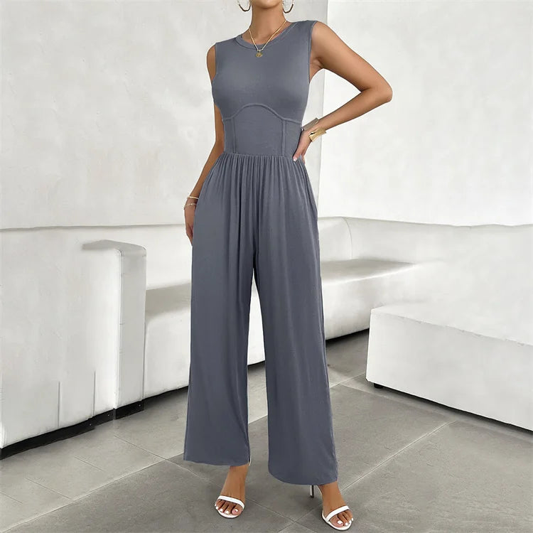 2024 Spring/summer Temperament Solid Color Slim Fit Sleeveless Jumpsuit
