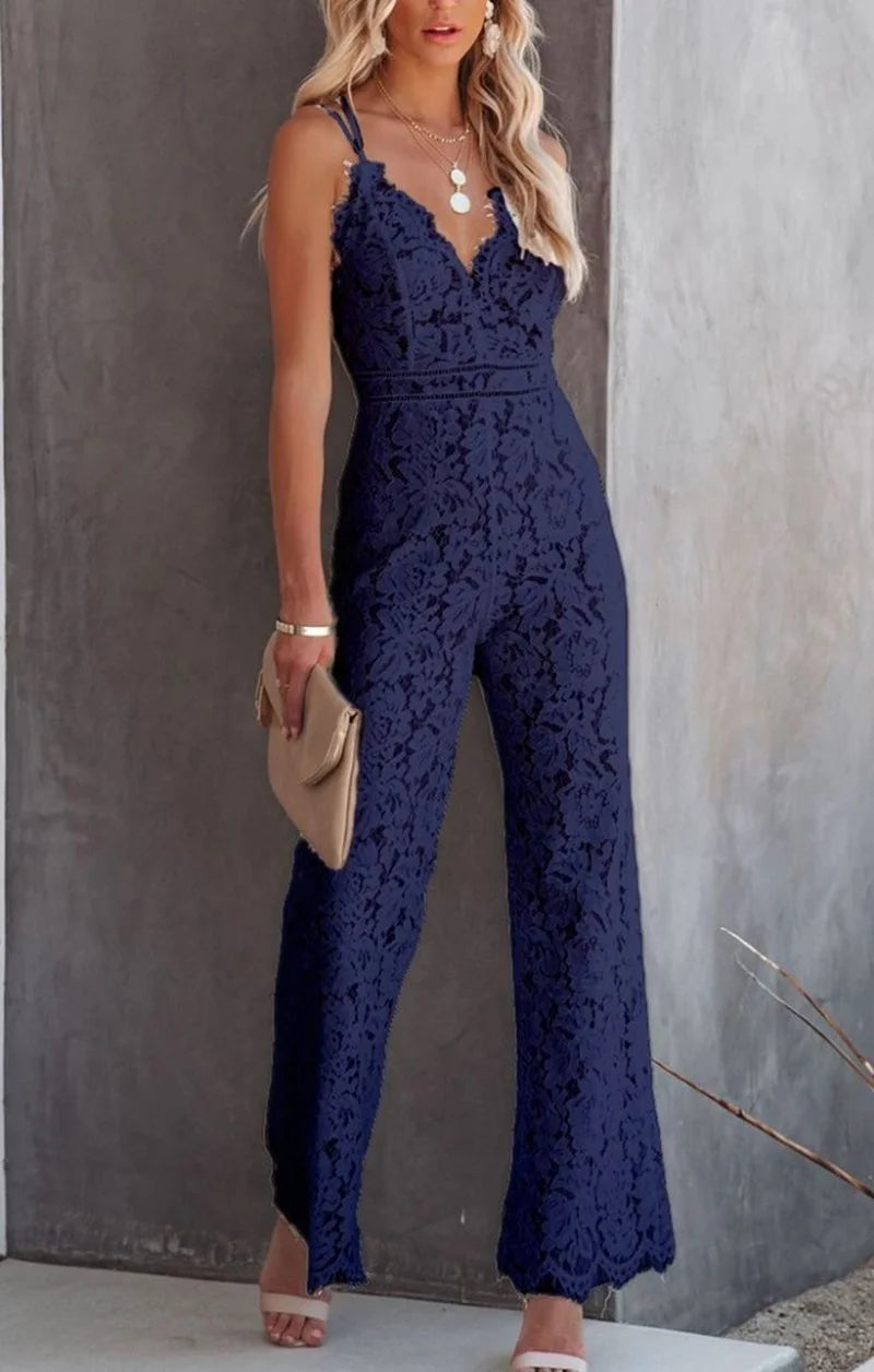 Macacão feminino renda azul marinho