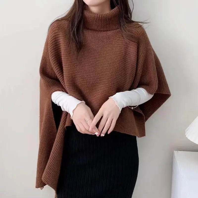 Mulheres pulôver capa xale cachecóis na moda assimétrico gola alta xale cashmere malha manto poncho feminino inverno casacos quentes