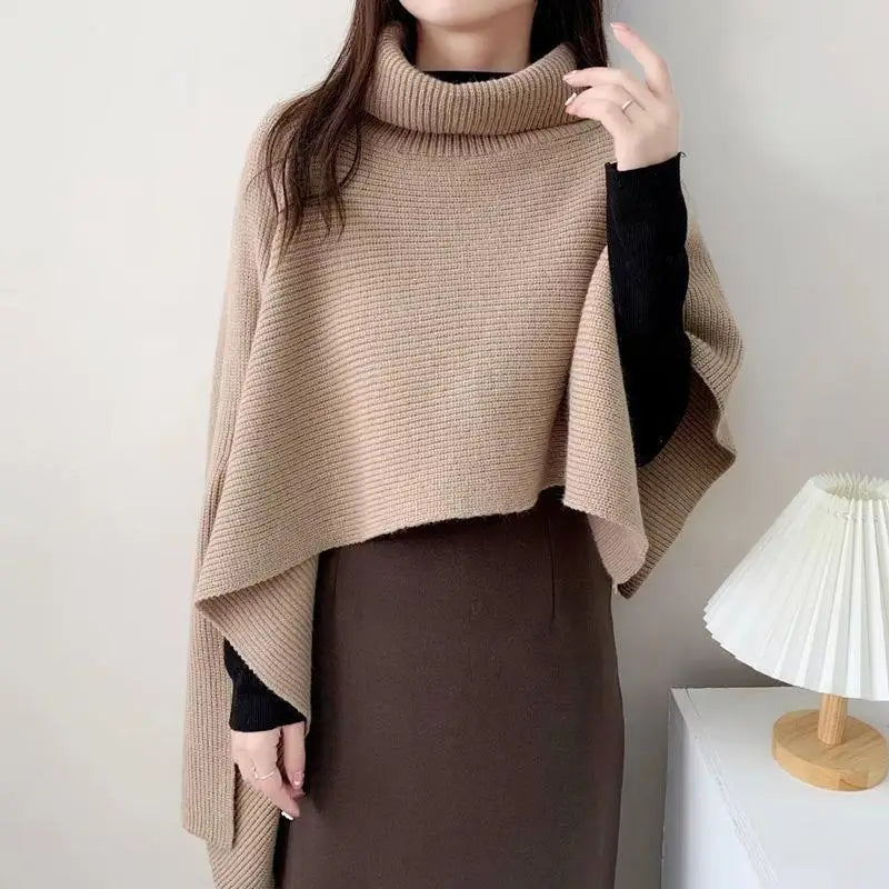 Mulheres pulôver capa xale cachecóis na moda assimétrico gola alta xale cashmere malha manto poncho feminino inverno casacos quentes