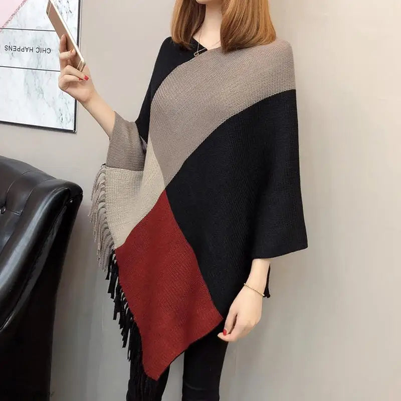 Poncho Feminino Casaco Malha Pulôver Capa Quente Inverno Colorido  - Cloêh