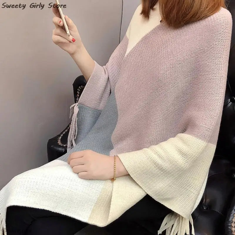 Poncho Feminino Casaco Malha Pulôver Capa Quente Inverno Colorido  - Cloêh