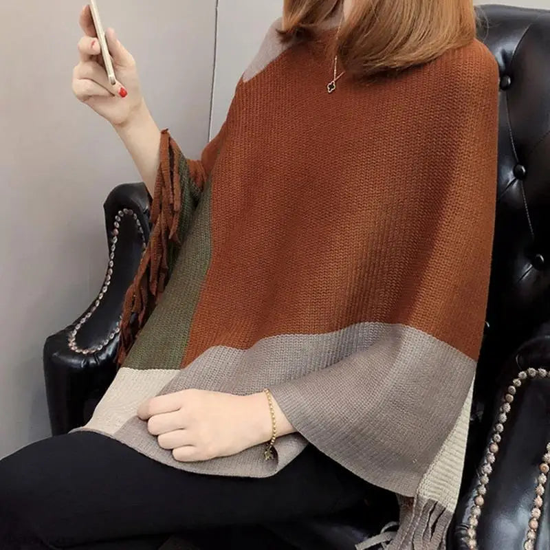 Poncho Feminino Casaco Malha Pulôver Capa Quente Inverno Colorido  - Cloêh
