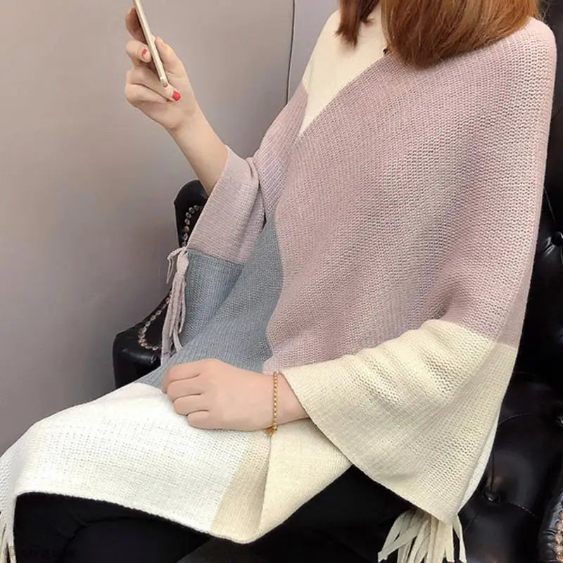 Poncho Feminino Casaco Malha Pulôver Capa Quente Inverno Colorido  - Cloêh