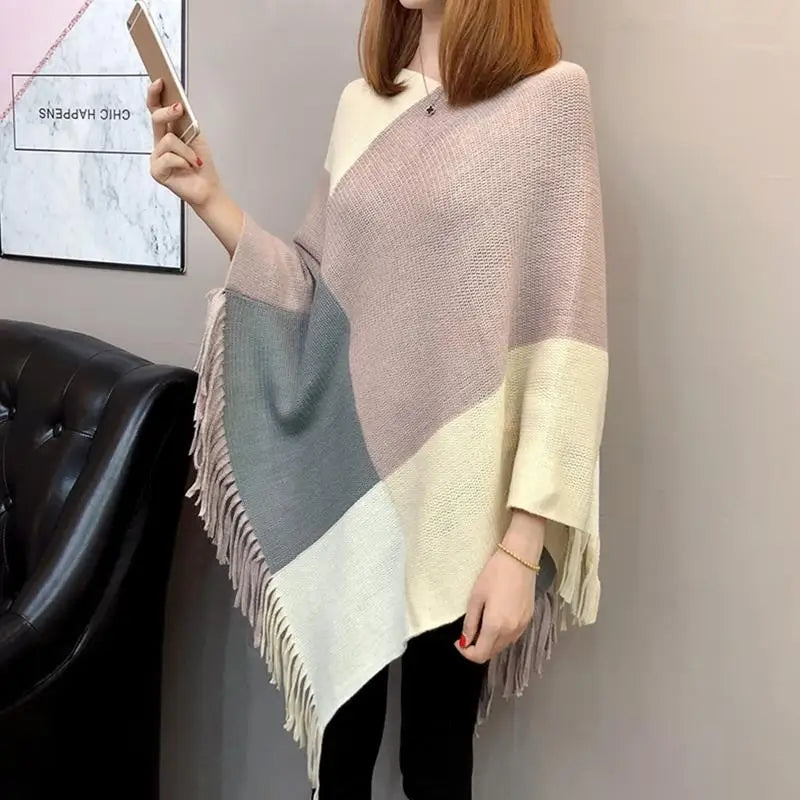 Poncho Feminino Casaco Malha Pulôver Capa Quente Inverno Colorido  - Cloêh