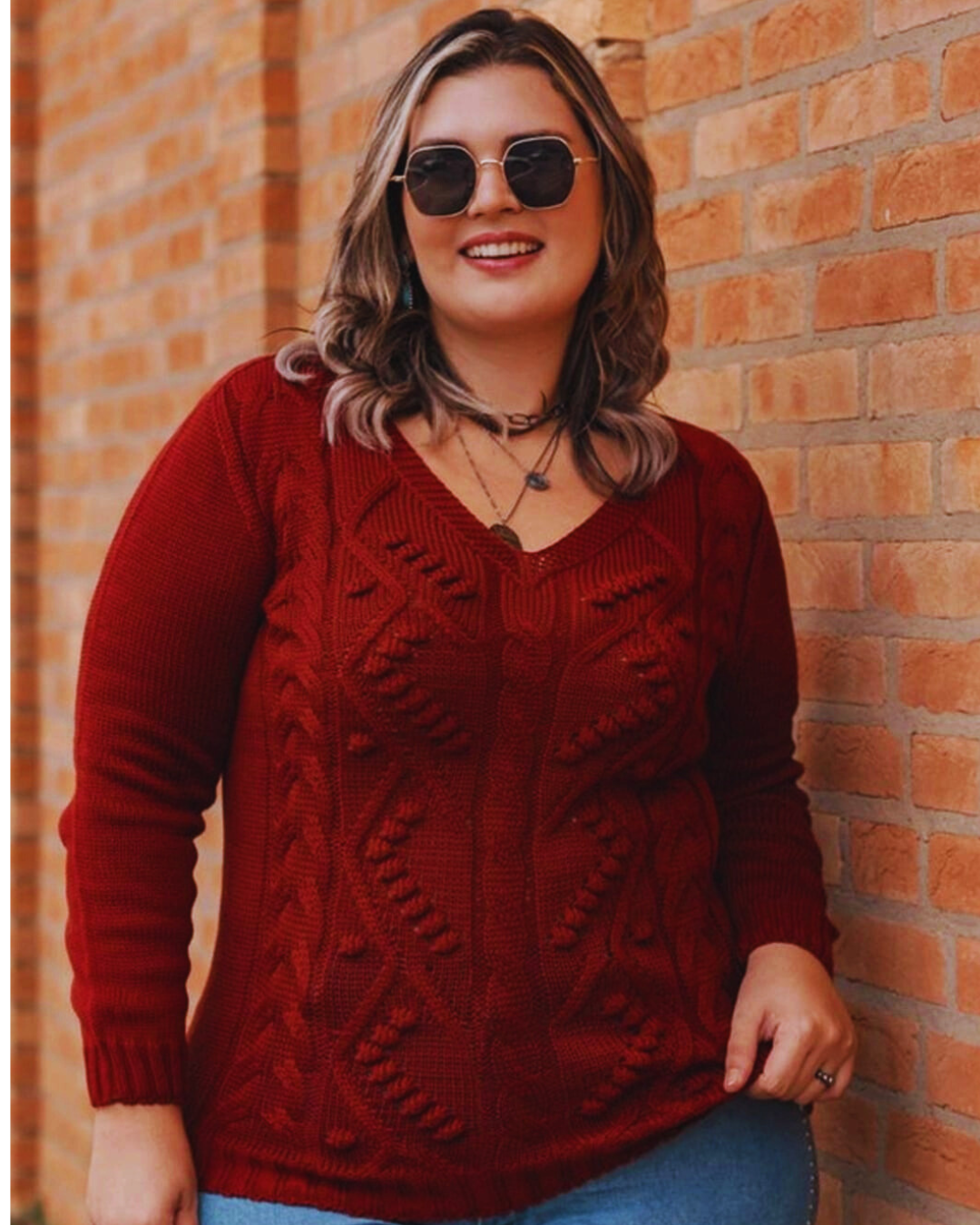 Pullover Feminino SuéterTricot Desenhado Tamanho Plus Size Gola V Coleção Inverno Malha Quente - Carla