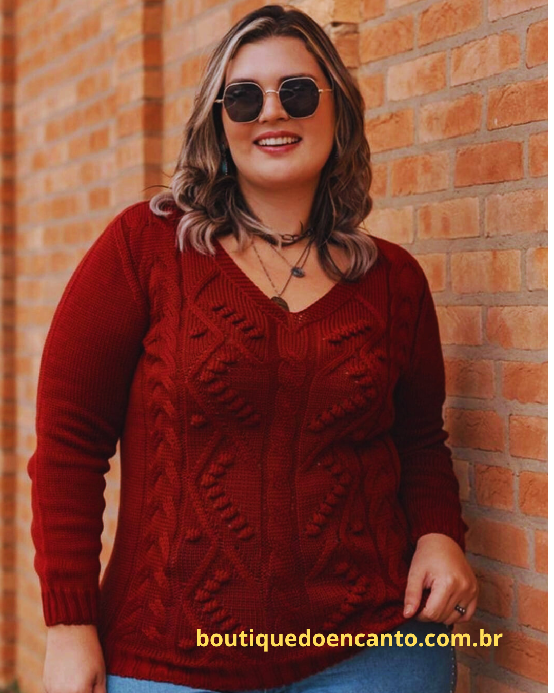 Pullover Feminino SuéterTricot Desenhado Tamanho Plus Size Gola V Coleção Inverno Malha Quente - Carla