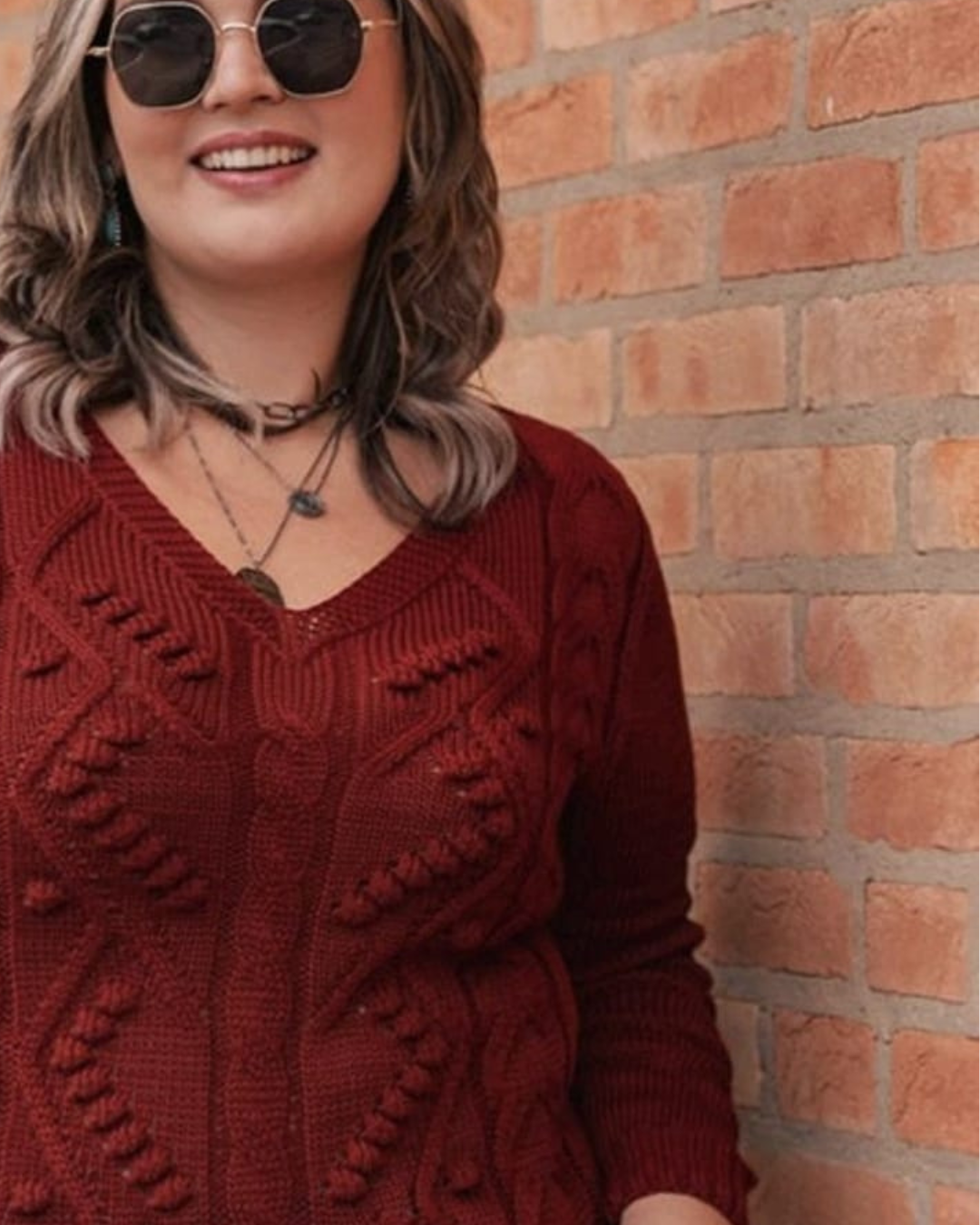 Pullover Feminino SuéterTricot Desenhado Tamanho Plus Size Gola V Coleção Inverno Malha Quente - Carla