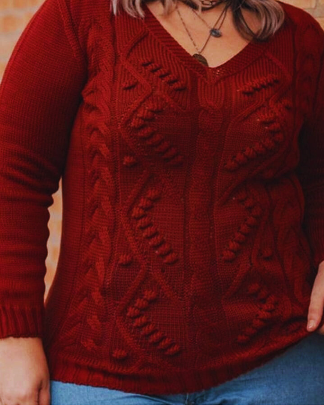 Pullover Feminino SuéterTricot Desenhado Tamanho Plus Size Gola V Coleção Inverno Malha Quente - Carla