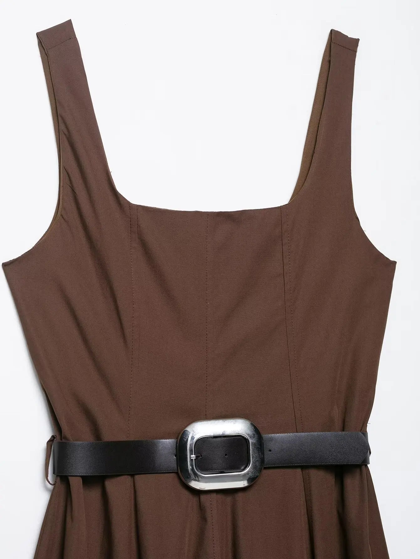 Tfmln feminino pescoço quadrado sólido com cinto a linha vestido verão novo sem mangas casual sem costas zíper vestido longo simples commuter