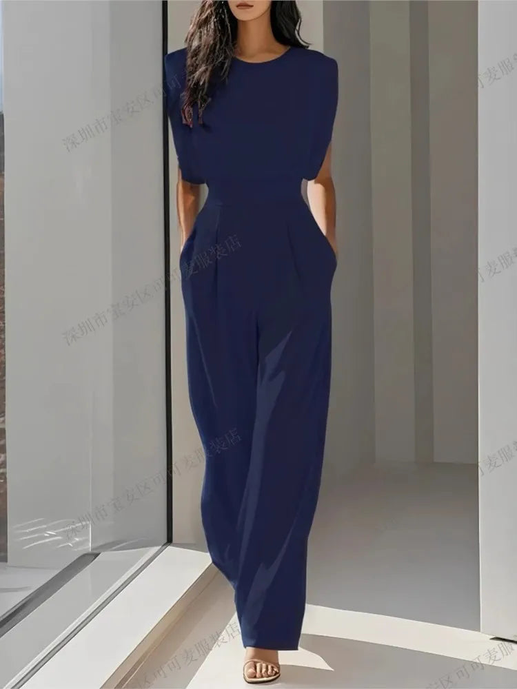Elegant High Waisted Jumpsuit New Women's Fashion Queen Style Summer Solid Color Waistband Pocket Office Capable Jumpsuit