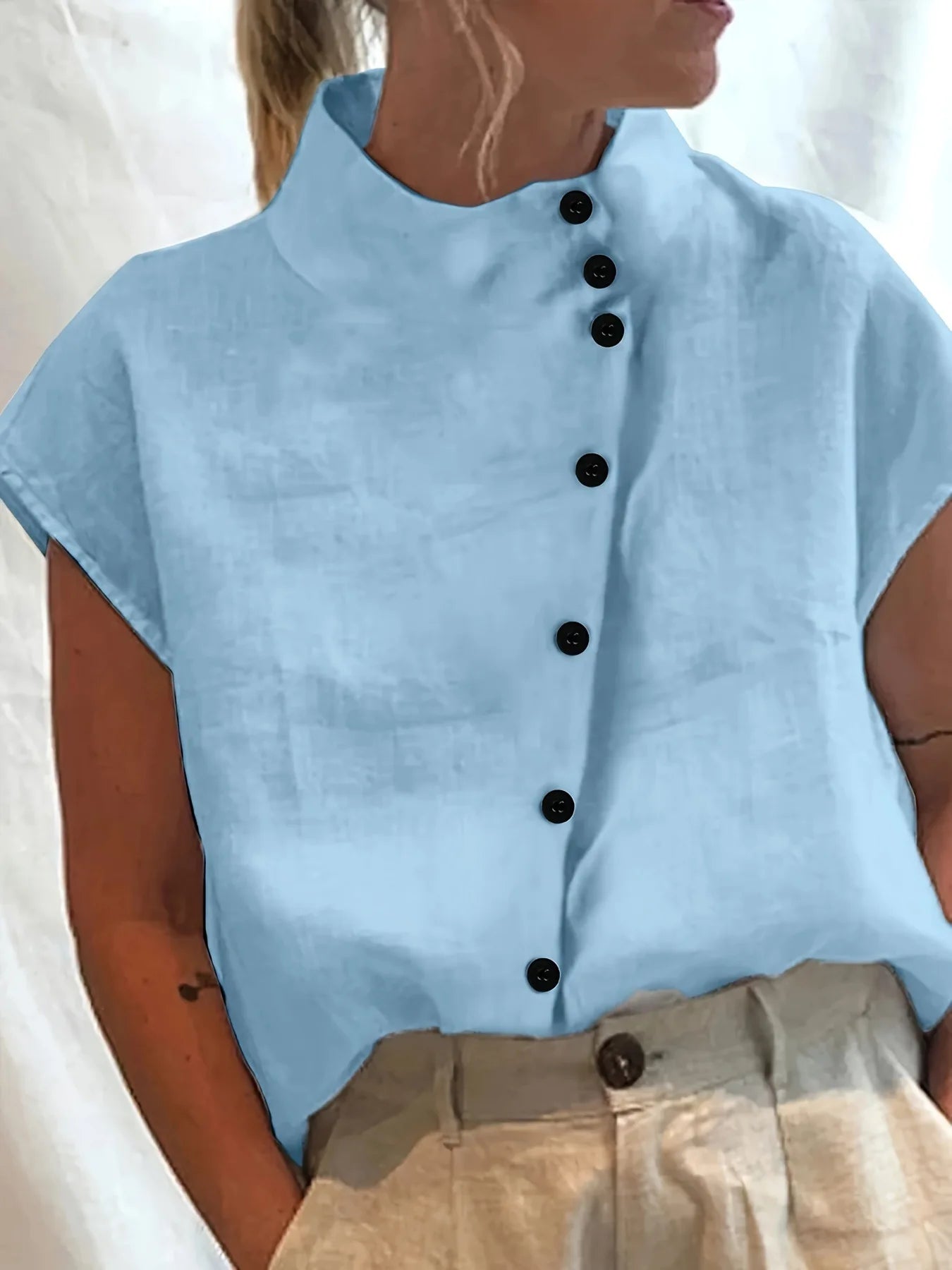 Summer Cotton Short Sleeve Blouse Women 2025 Fashion Button Stand Collar Loose Shirts And Blouses Tops Casual