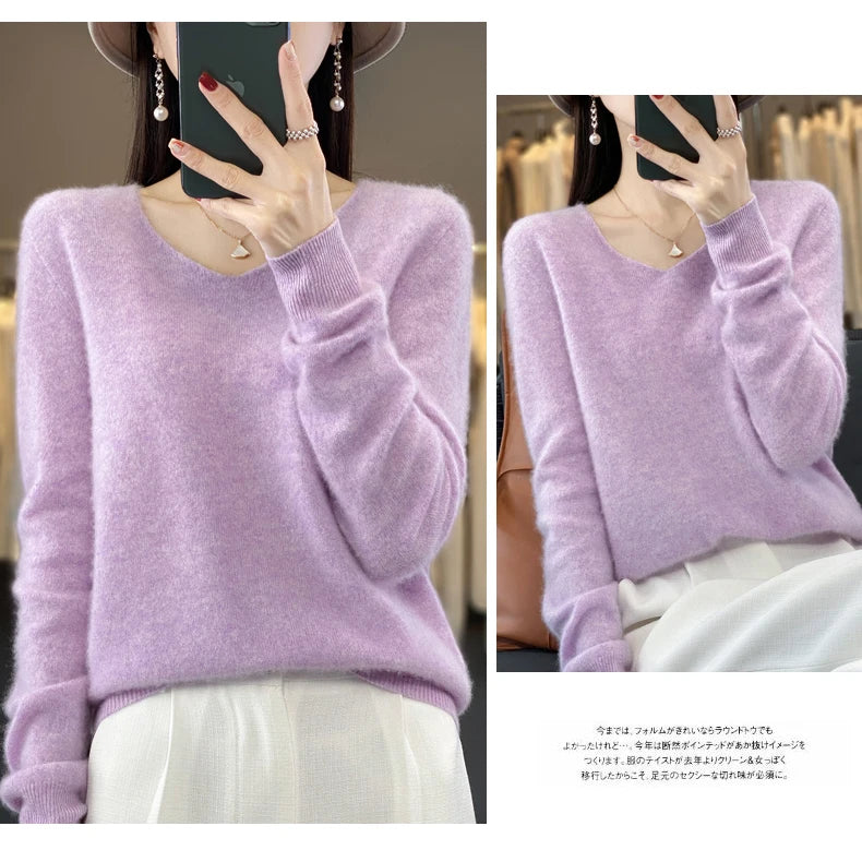 100% Merino puro lã V-neck outono e inverno pulôver, moda coreana nova camisola de caxemira macia, top quente de malha casual feminino