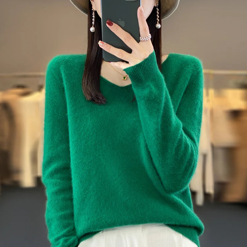 100% Merino puro lã V-neck outono e inverno pulôver, moda coreana nova camisola de caxemira macia, top quente de malha casual feminino