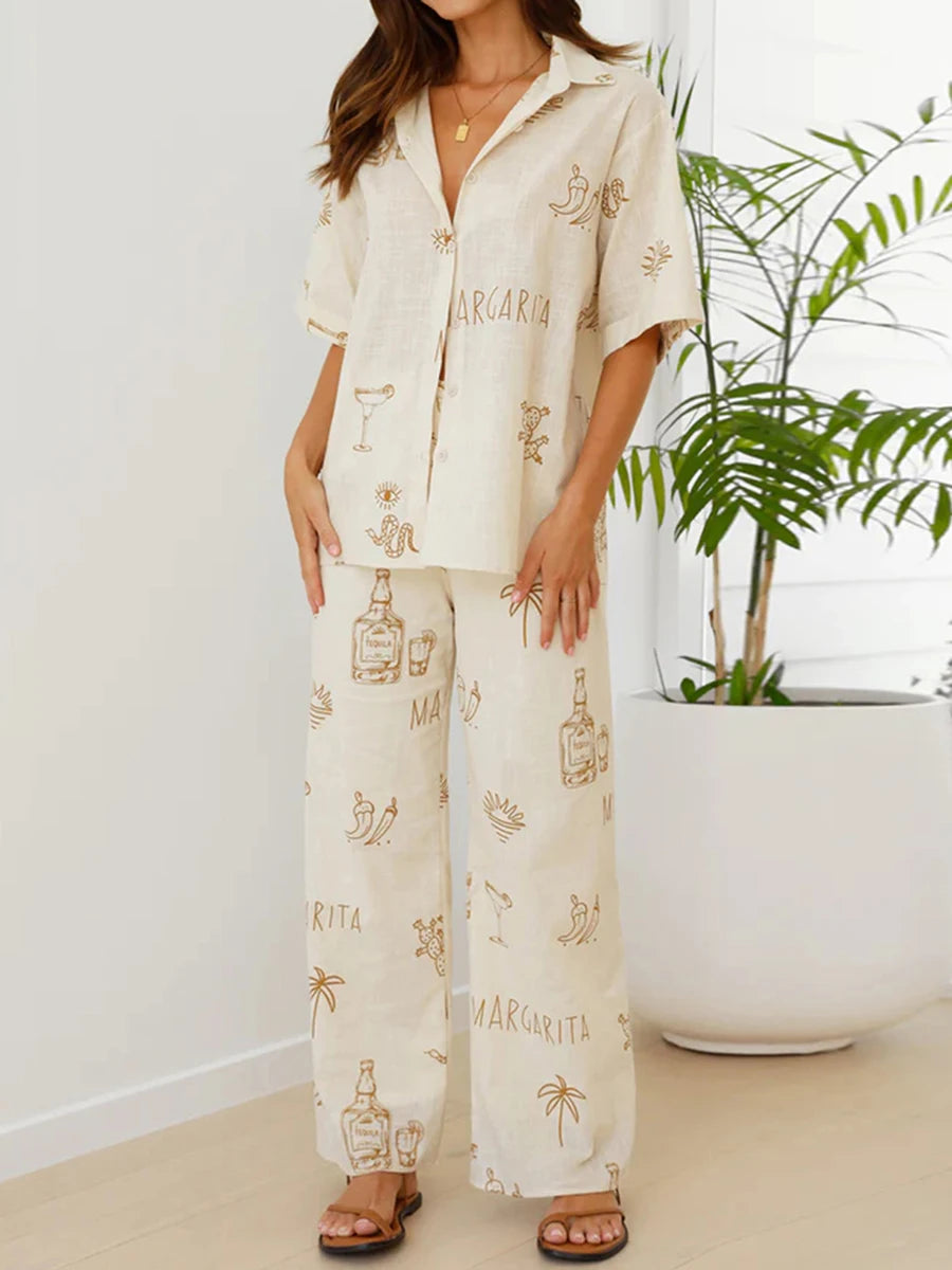 Conjunto Feminino 2 Peças Estampas Digitais Blusa Manga Curta Calças Largas - Penélope Cruz