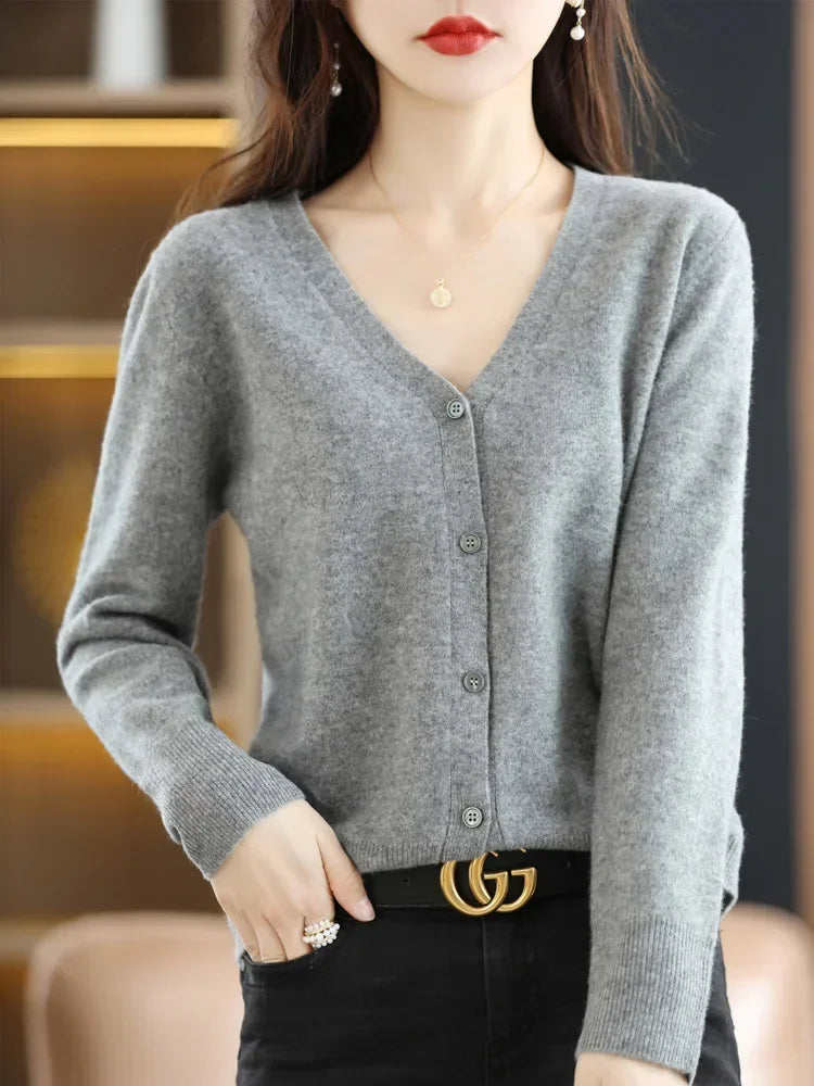 Cardigans femininos primavera outono com decote em v único breasted curto fino senhora malhas topos sólidos moda coreana suéteres