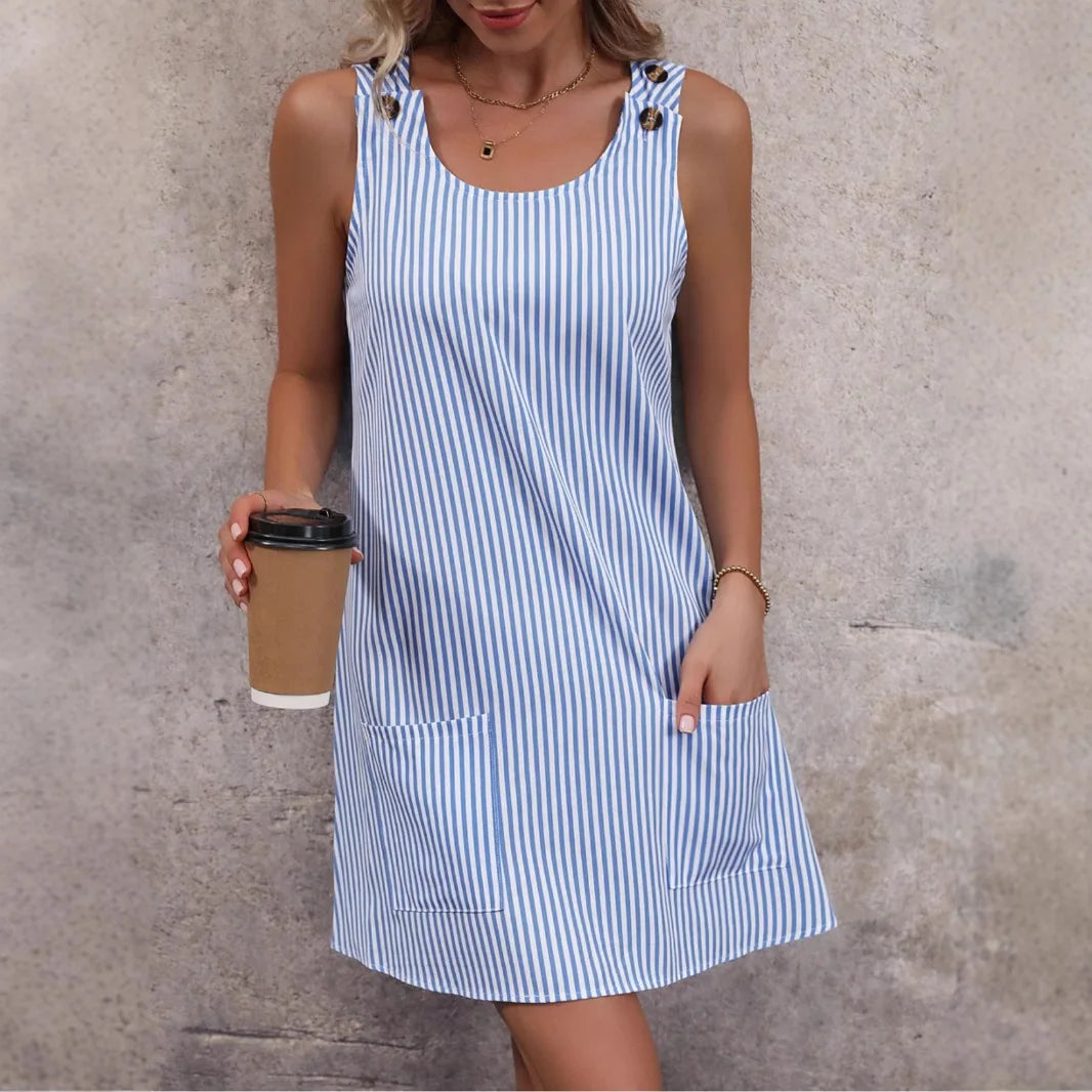 Casual round Neck Pocket Striped Shorts Skirt Independent Station New Style A- Line Mini Dress Comfortable Polyester Fabric
