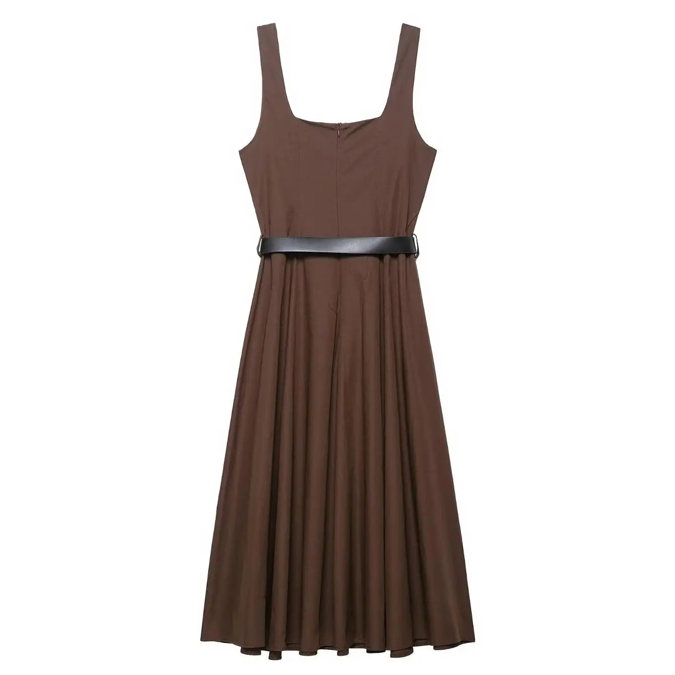 Tfmln feminino pescoço quadrado sólido com cinto a linha vestido verão novo sem mangas casual sem costas zíper vestido longo simples commuter