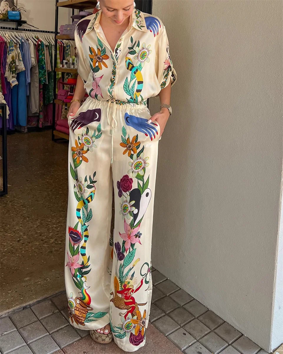 Conjuntos de calças compridas com estampa qui para mulheres, meia manga de lapela, camisas de peito único, rendas de cintura alta, calças de perna larga, streetwear