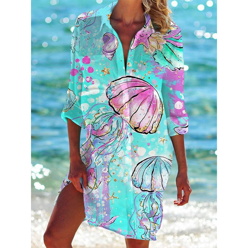 Starfish Conch Fish 3D Print Beach Blouses Women Long Sleeve Mid-length Shirts Buttons Blusas Pocket Tops Blouse Woman Clothing