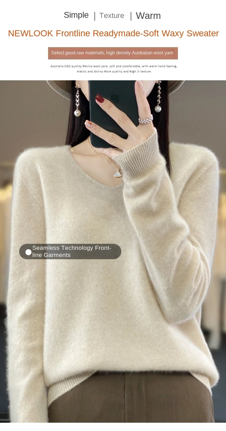 100% Merino puro lã V-neck outono e inverno pulôver, moda coreana nova camisola de caxemira macia, top quente de malha casual feminino