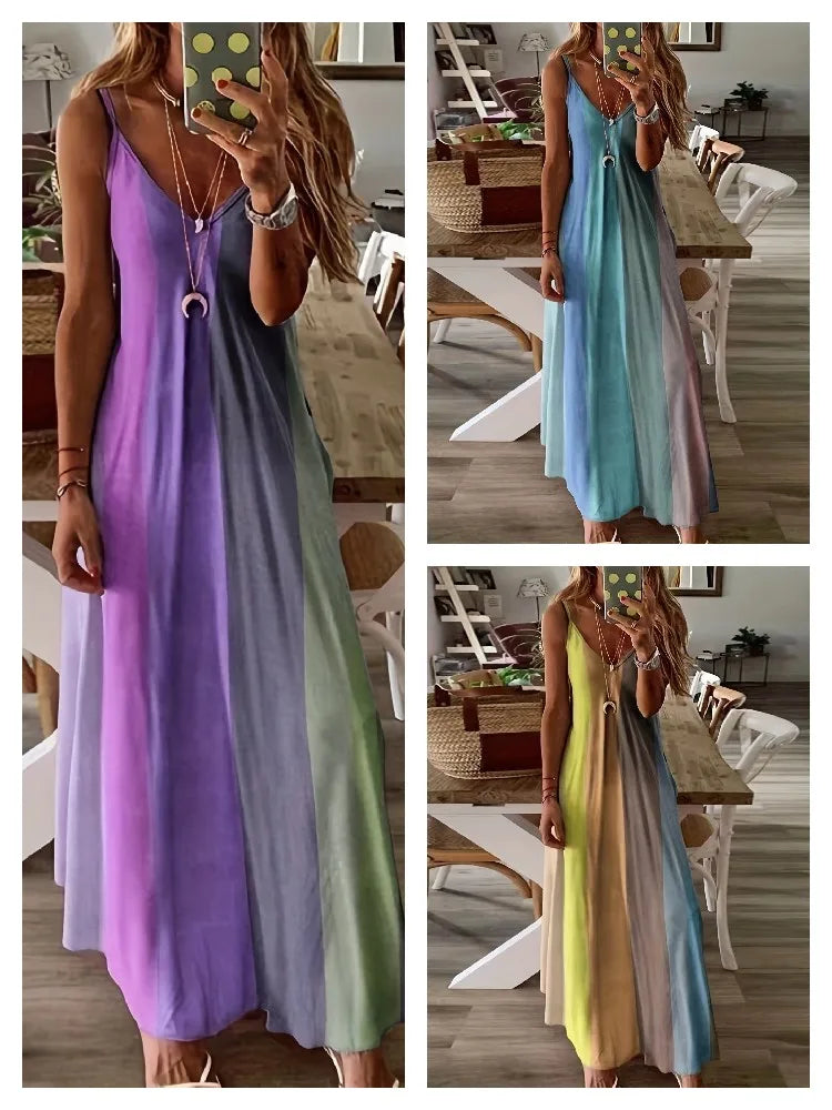 Summer women's long skirt, slim fit, colorful suspender skirt, gradient new printed women's dress