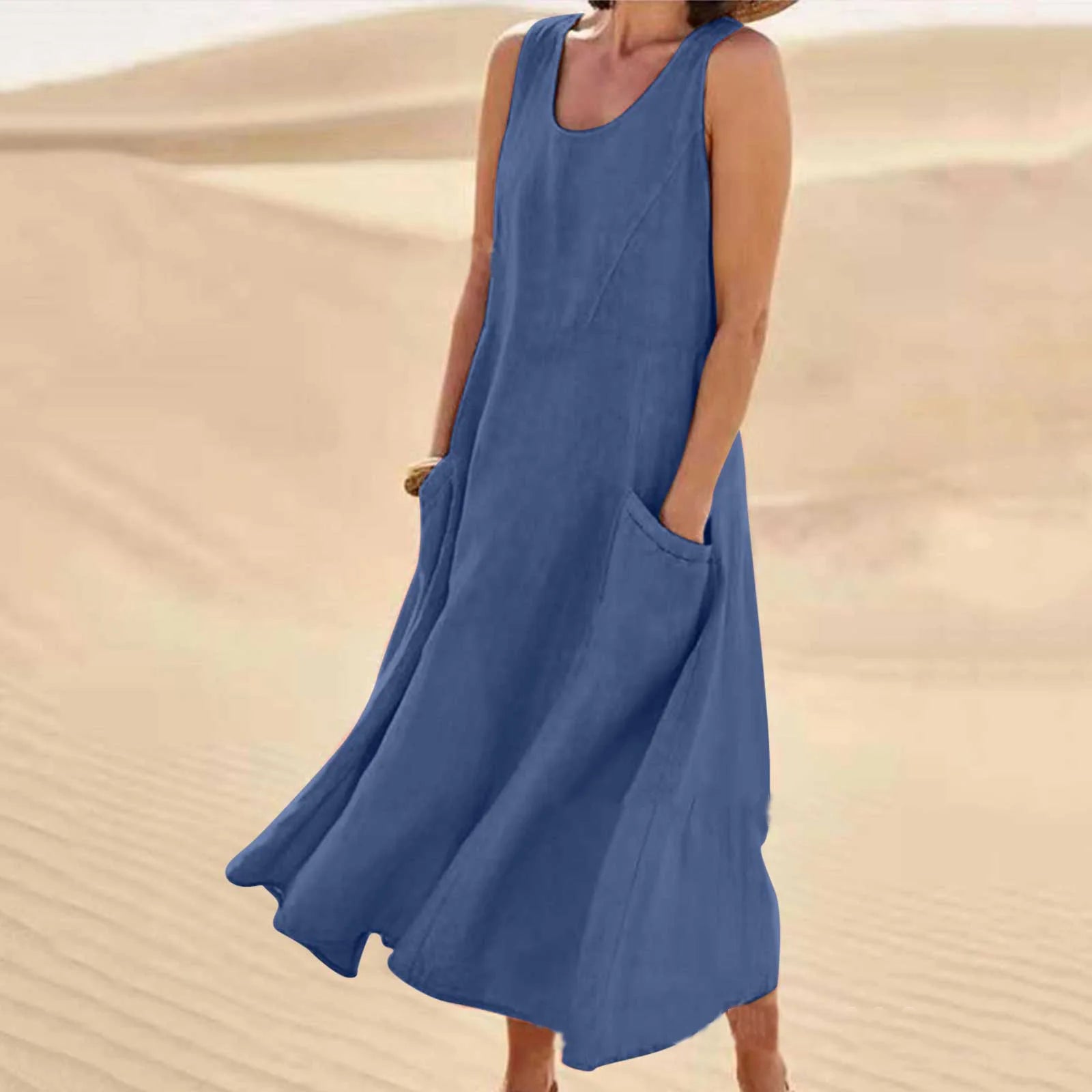 Cotton Linen Sleeveless Dress for Women Summer Pullover Skirt Vestidos Fashion Female Clothing Short Sleeved Loose Long Dressess