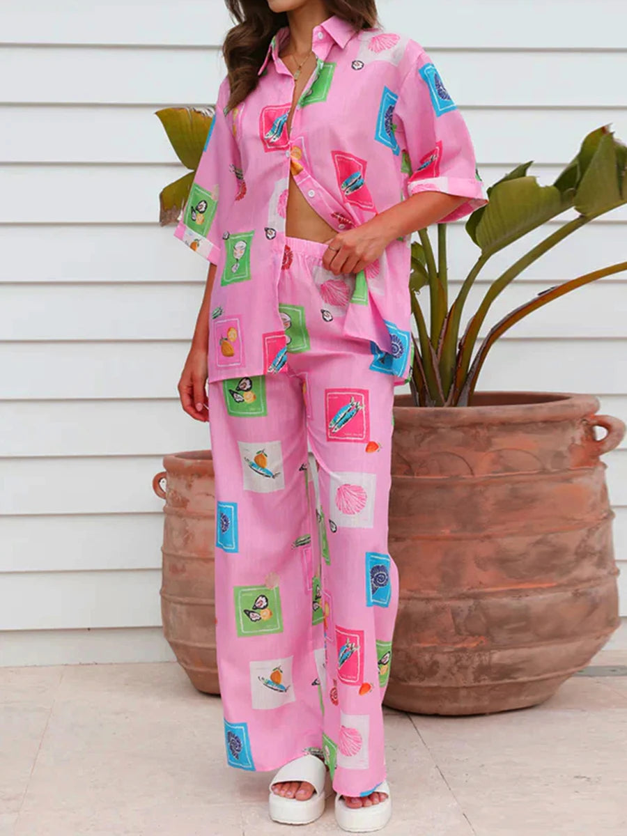 Conjunto Feminino 2 Peças Estampas Digitais Blusa Manga Curta Calças Largas - Penélope Cruz