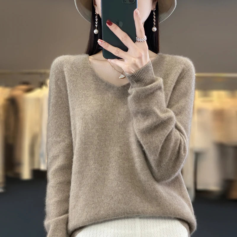 100% Merino puro lã V-neck outono e inverno pulôver, moda coreana nova camisola de caxemira macia, top quente de malha casual feminino
