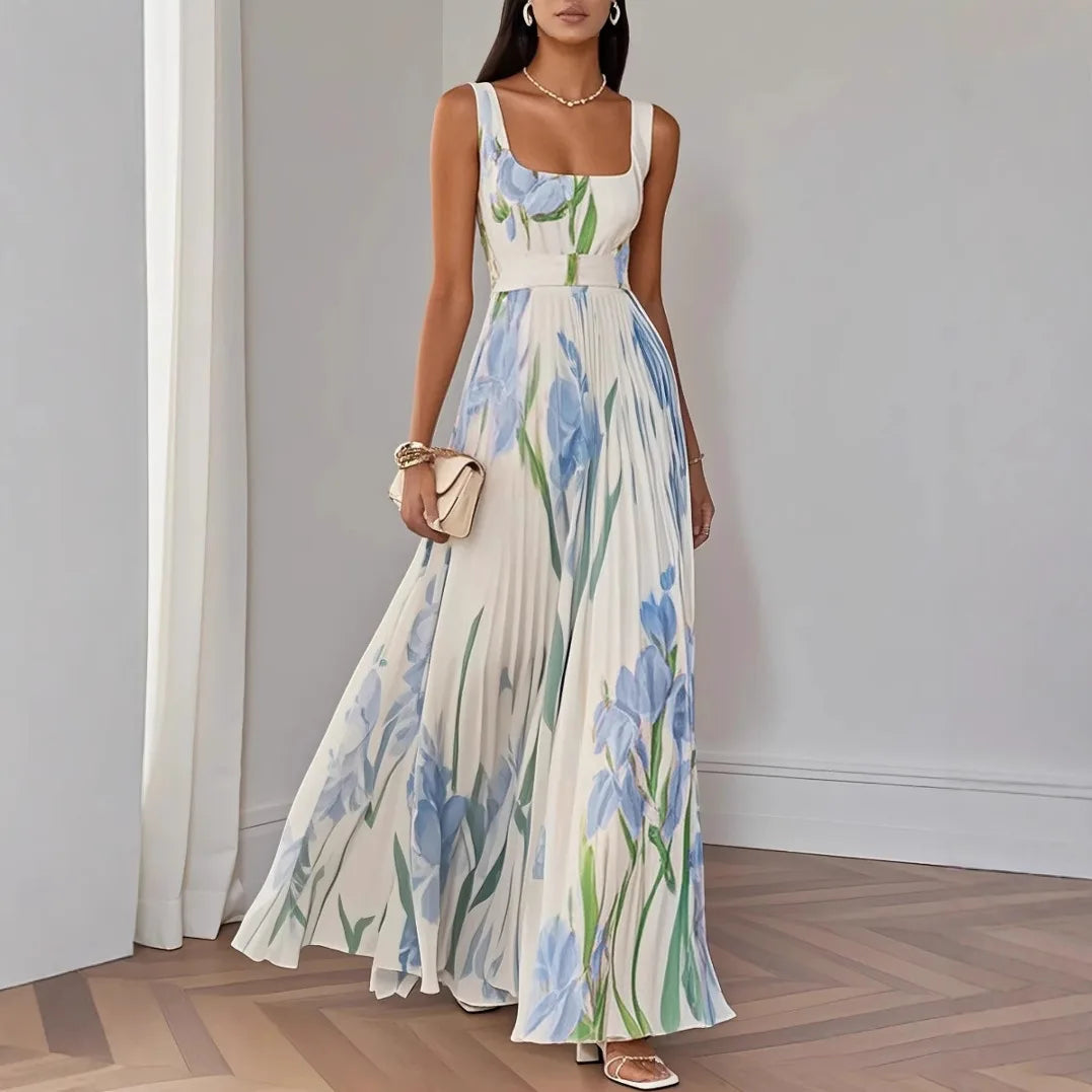 2025 New Women's Floral Sleeveless Straps Summer Dress Elegant Floral Print Pleated Long Dresses Shoulder Hollow Boho Dresses