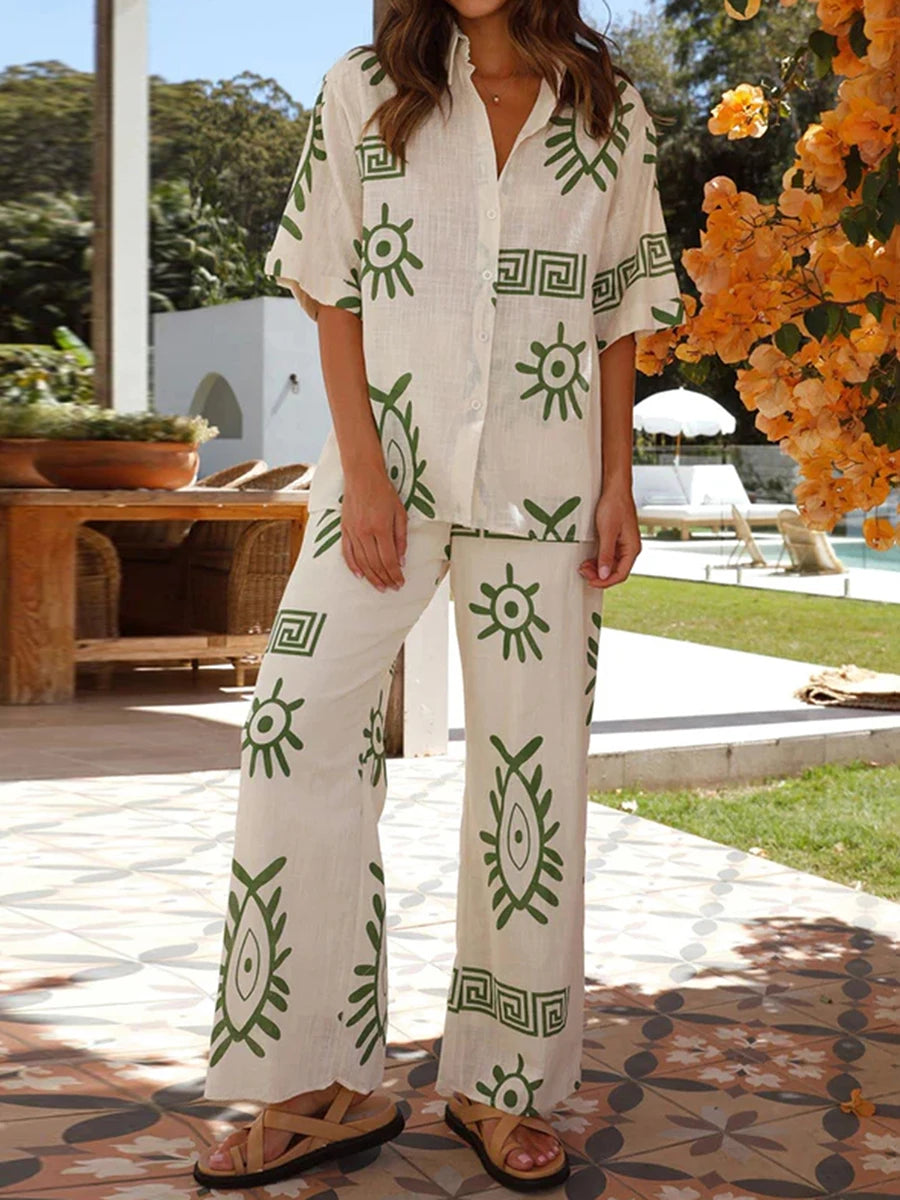 Conjunto Feminino 2 Peças Estampas Digitais Blusa Manga Curta Calças Largas - Penélope Cruz