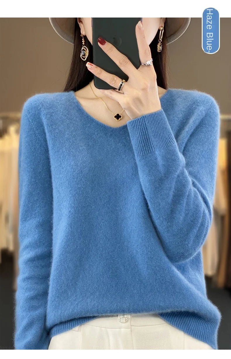100% Merino puro lã V-neck outono e inverno pulôver, moda coreana nova camisola de caxemira macia, top quente de malha casual feminino