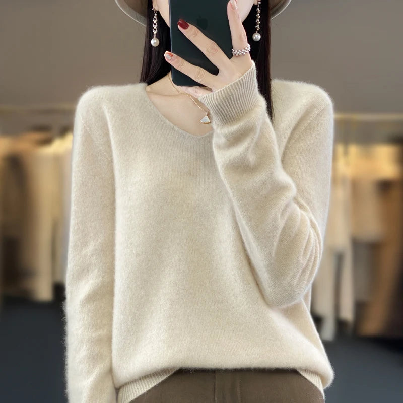 100% Merino puro lã V-neck outono e inverno pulôver, moda coreana nova camisola de caxemira macia, top quente de malha casual feminino