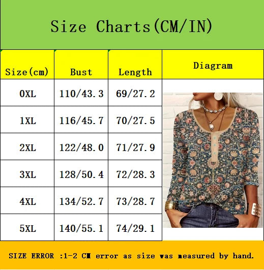 Autumn thin button ethnic print plus size women's long-sleeved T-shirt