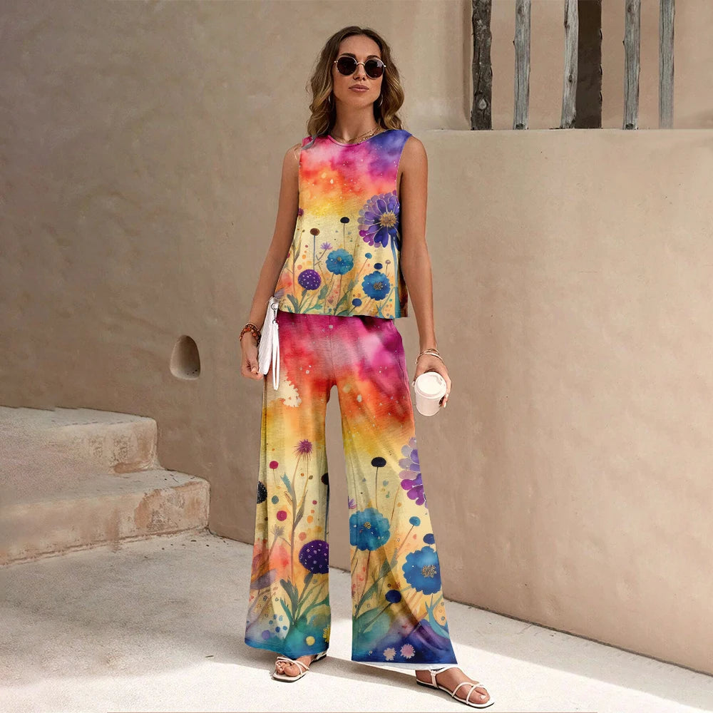 Camiseta sem mangas estampada floral feminina de verão, conjunto de calças compridas, final de semana de férias, roupas soltas de rua casuais de alta qualidade 2024