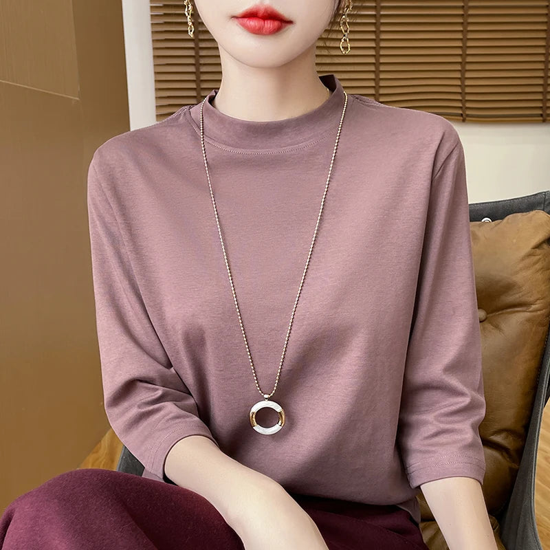 Summer And Autumn New 100% Cotton T-shirt Women's Semi-High-Necked Cropped Sleeves Loose Solid Color Bottoming Top