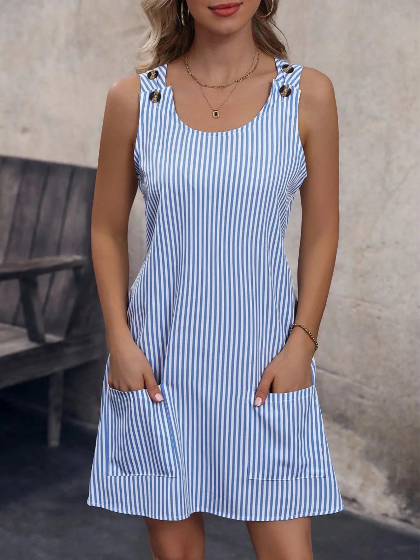 Casual round Neck Pocket Striped Shorts Skirt Independent Station New Style A- Line Mini Dress Comfortable Polyester Fabric