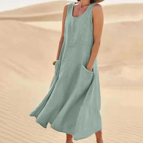 Cotton Linen Sleeveless Dress for Women Summer Pullover Skirt Vestidos Fashion Female Clothing Short Sleeved Loose Long Dressess