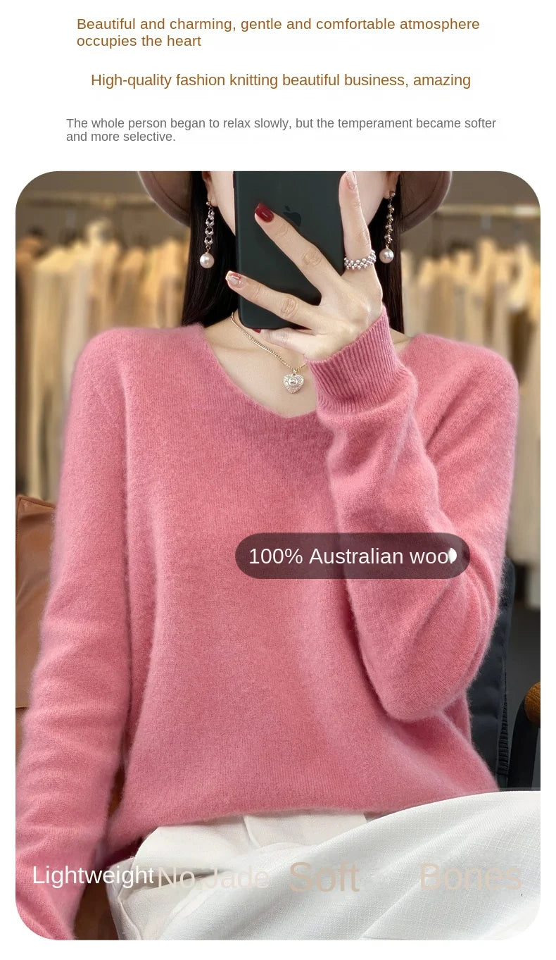 100% Merino puro lã V-neck outono e inverno pulôver, moda coreana nova camisola de caxemira macia, top quente de malha casual feminino