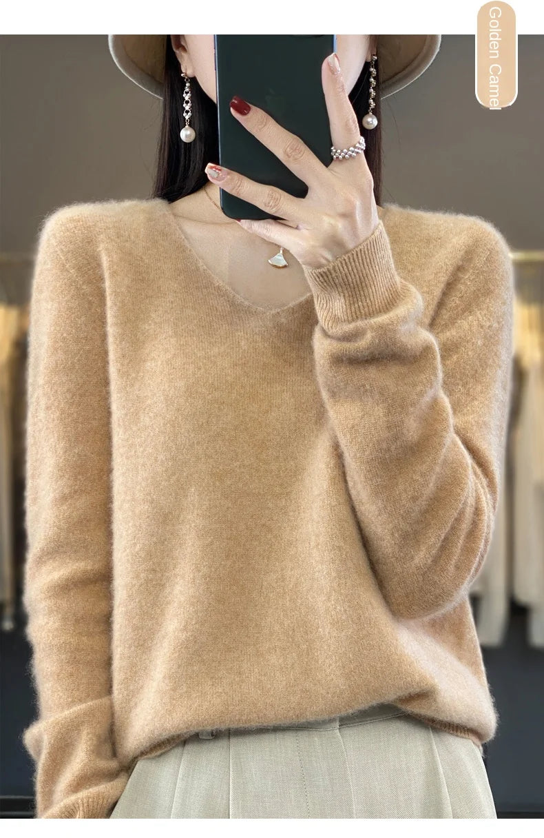 100% Merino puro lã V-neck outono e inverno pulôver, moda coreana nova camisola de caxemira macia, top quente de malha casual feminino
